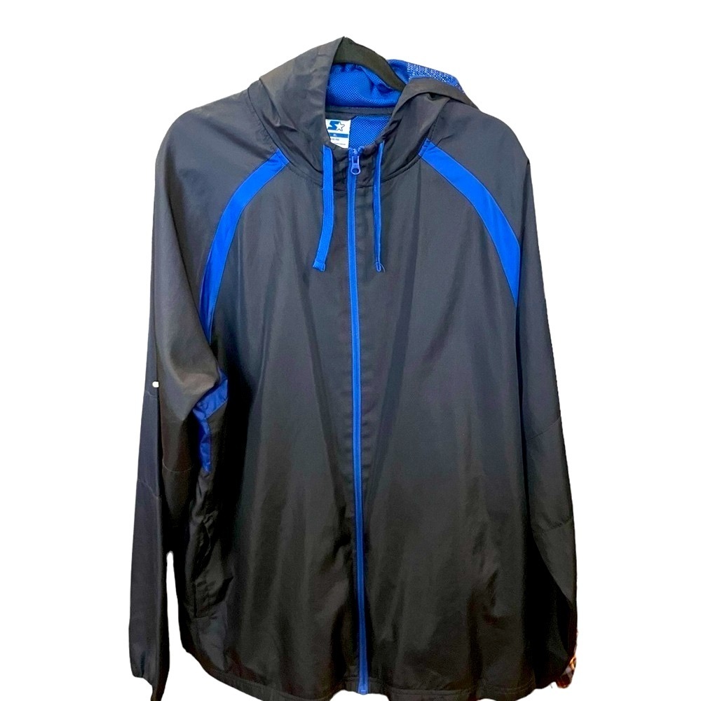 Star XL Windbreaker Drawstring Hood Blue Black Reflectors Zipper